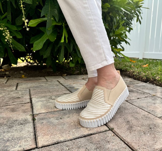woven slip on sneakers - tan and white