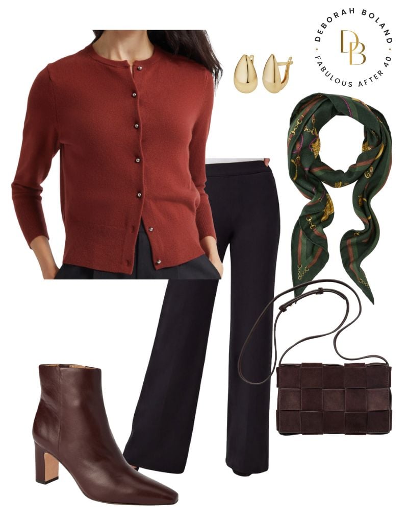 Rust cardigan with black wide leg pants