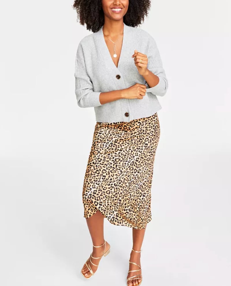 How to wear a cardigan -gray cardigan, leopard satin skirt