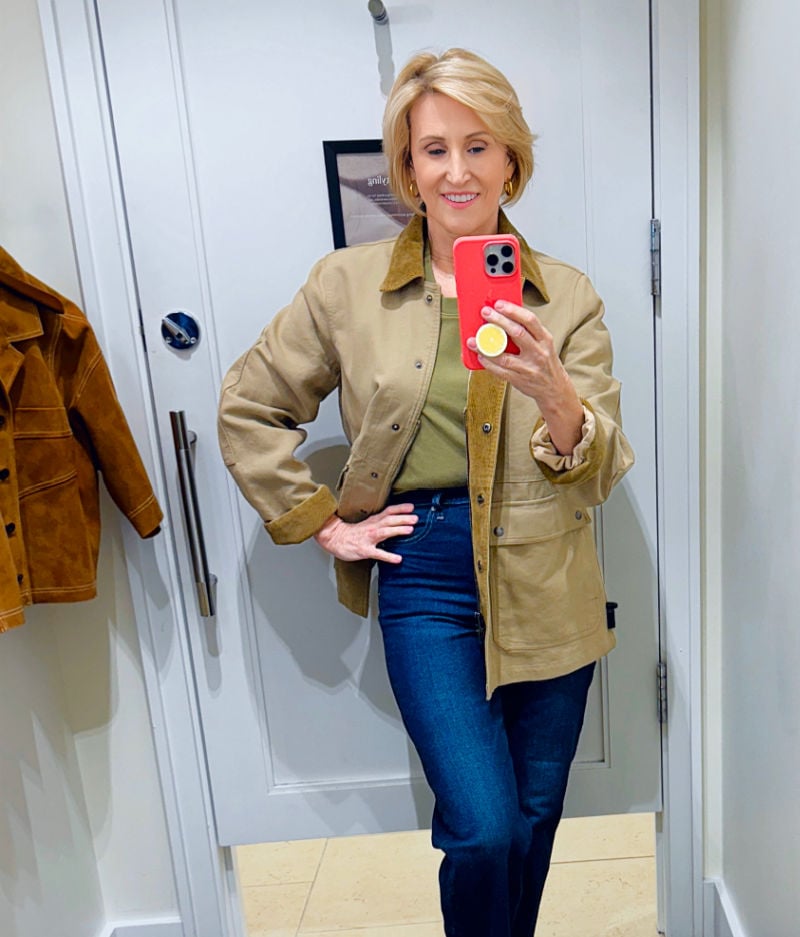 barn jacket for women over 50 worn by Deborah Boland