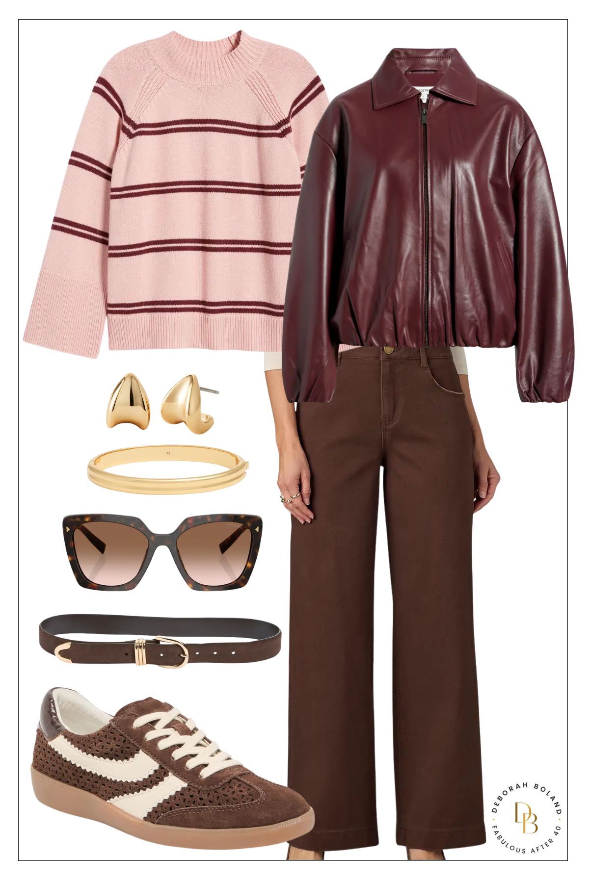 brown wide leg jeans with striped sweater and burgundy leather coat