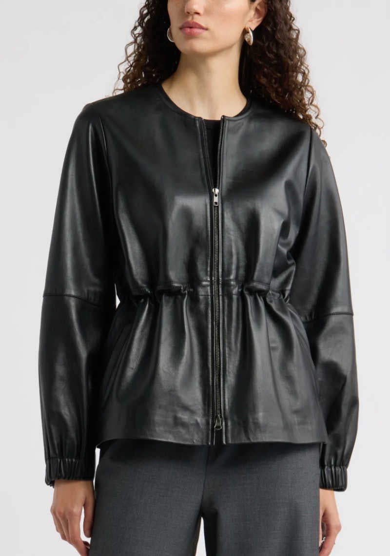 cinched black leather jacket