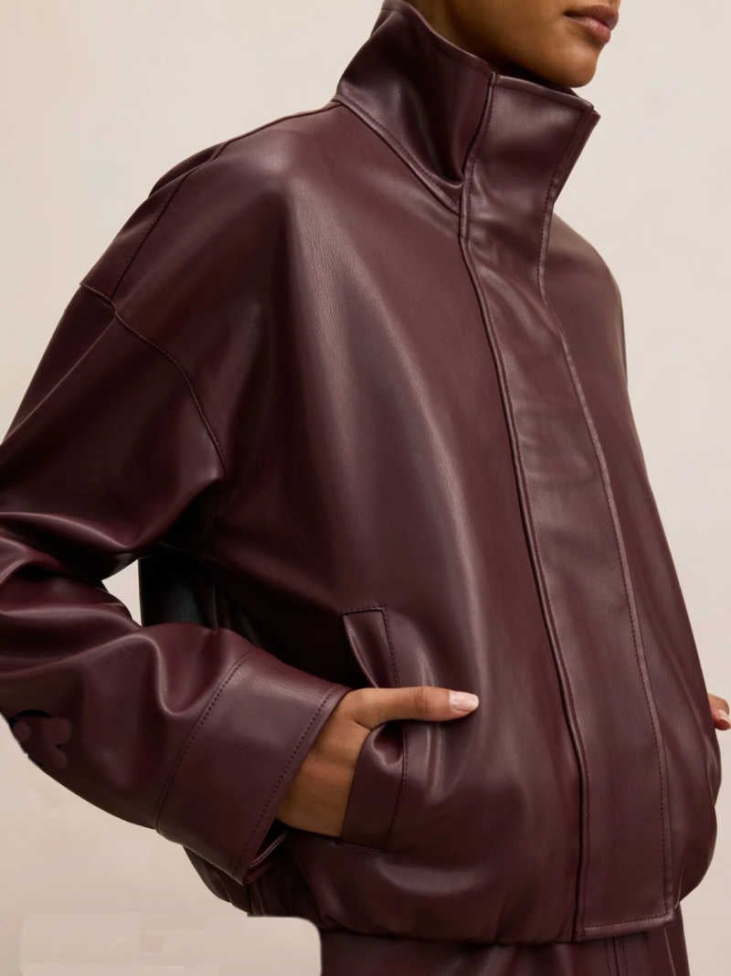 burgundy funnel neck leather jacket