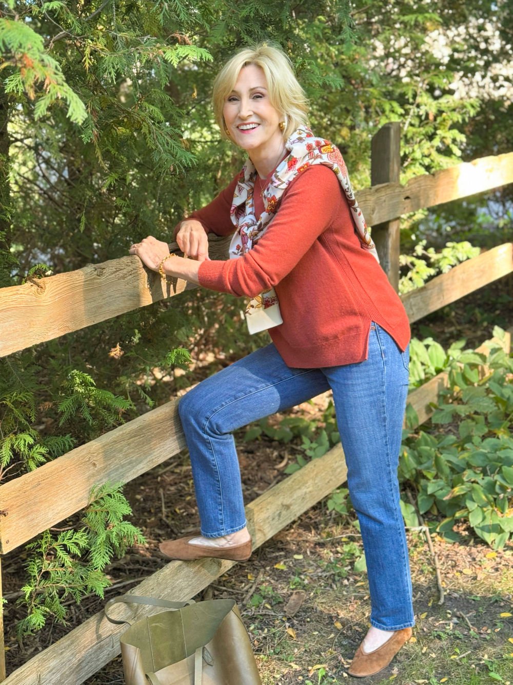 straight leg jeans, rust sweater