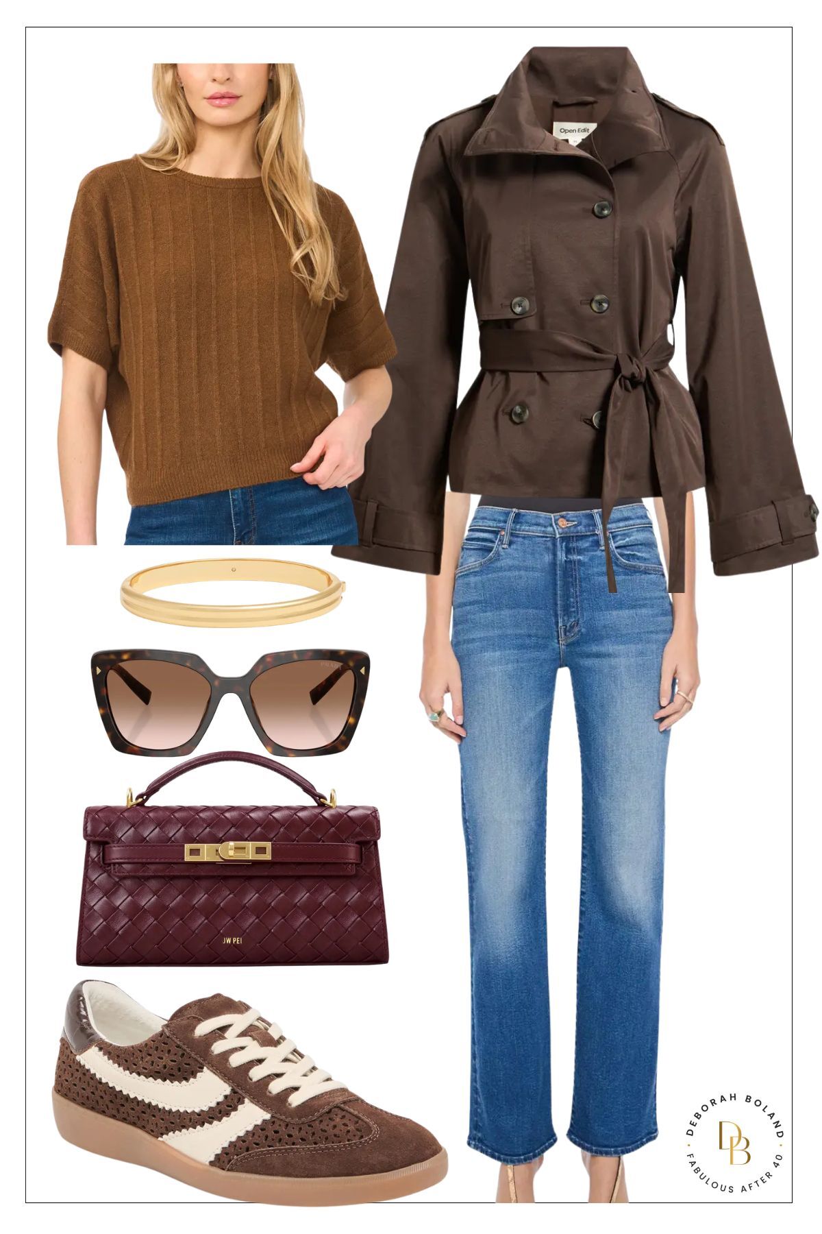 straight leg jeans with brown sweater and cropped brown trench jacket