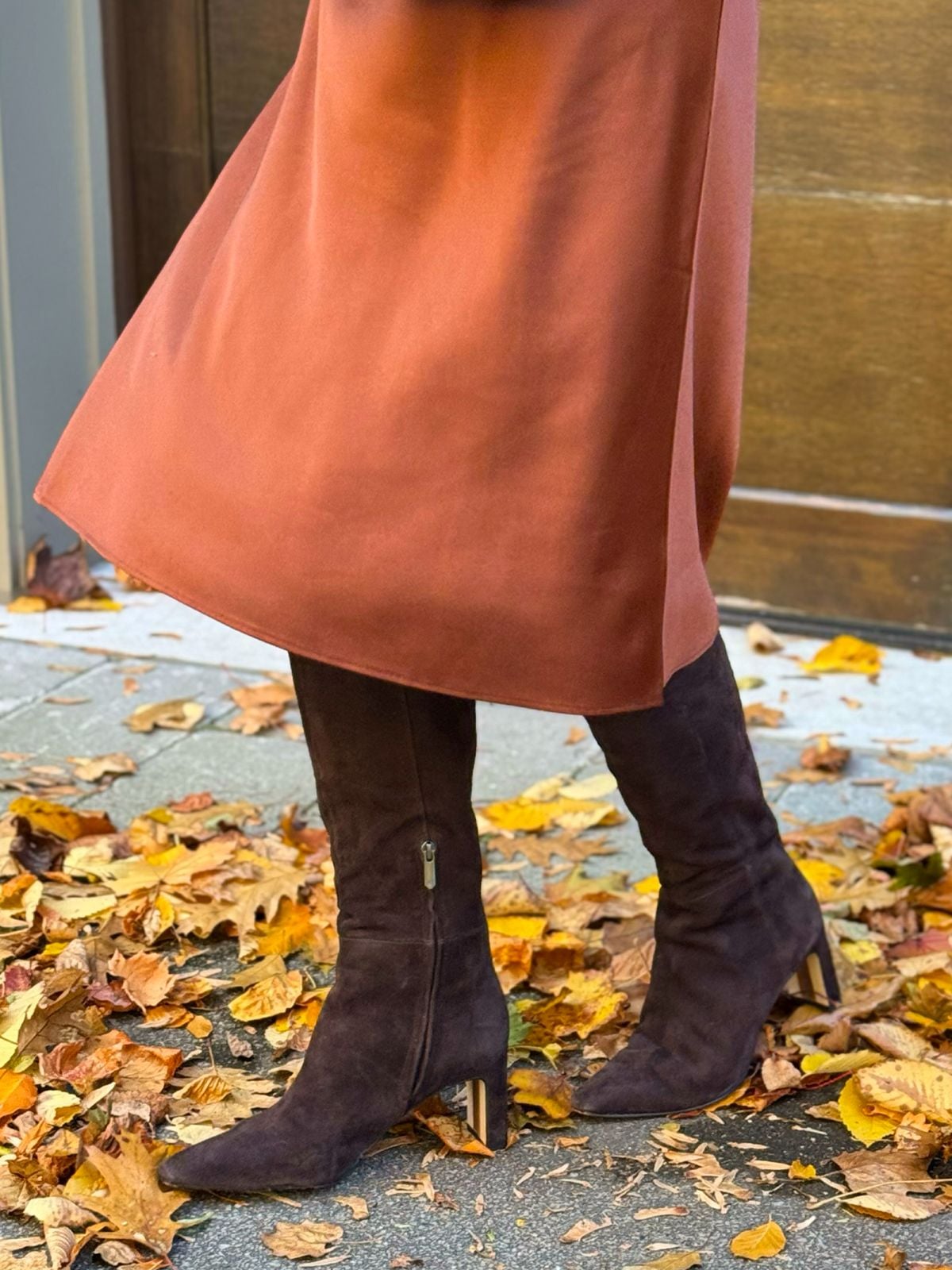 brown suede boots satin skirt