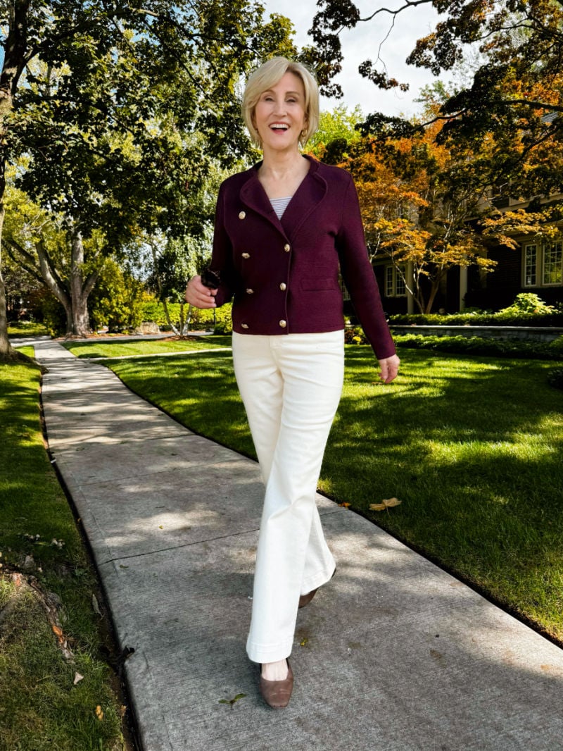 burgundy cardigan sweater, ivory pants