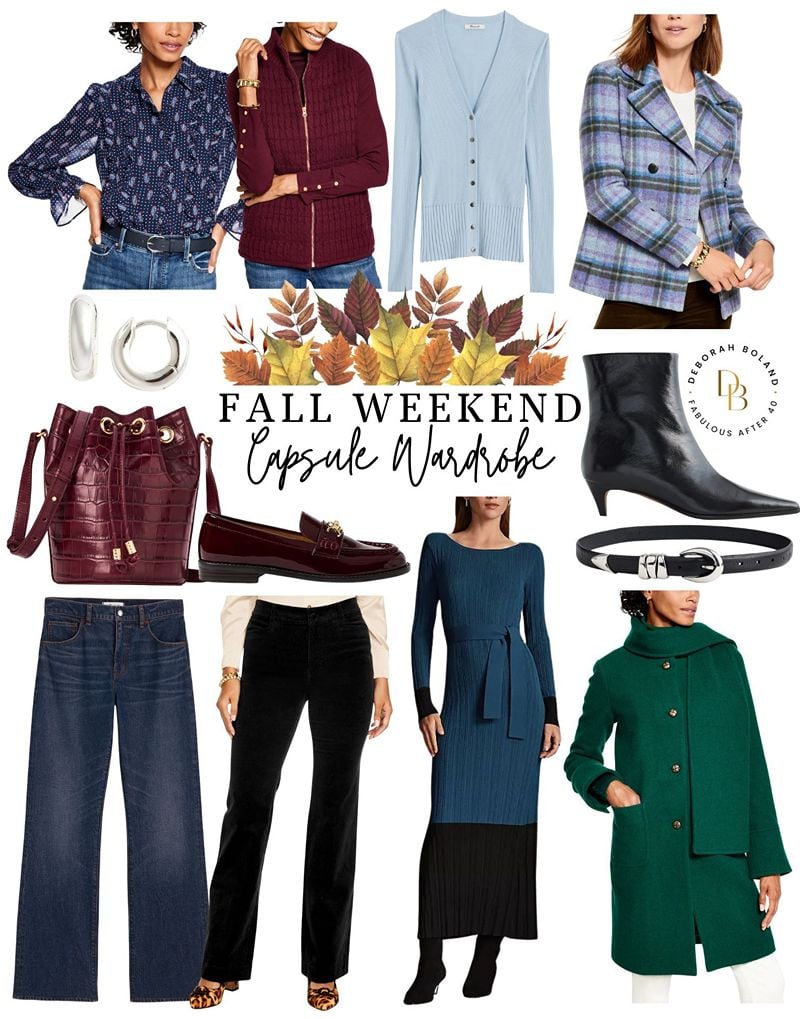 Cool Fall weekend wardrobe Capsule: navy, icy blue, plum, emerald, black, and silver accents.