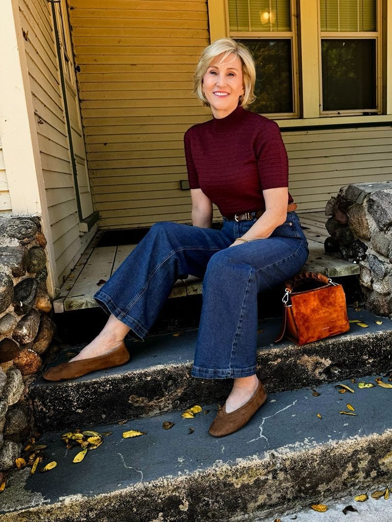 MOCKNECK SWEATER STYLED WITH JEANS AND BALLET FLATS