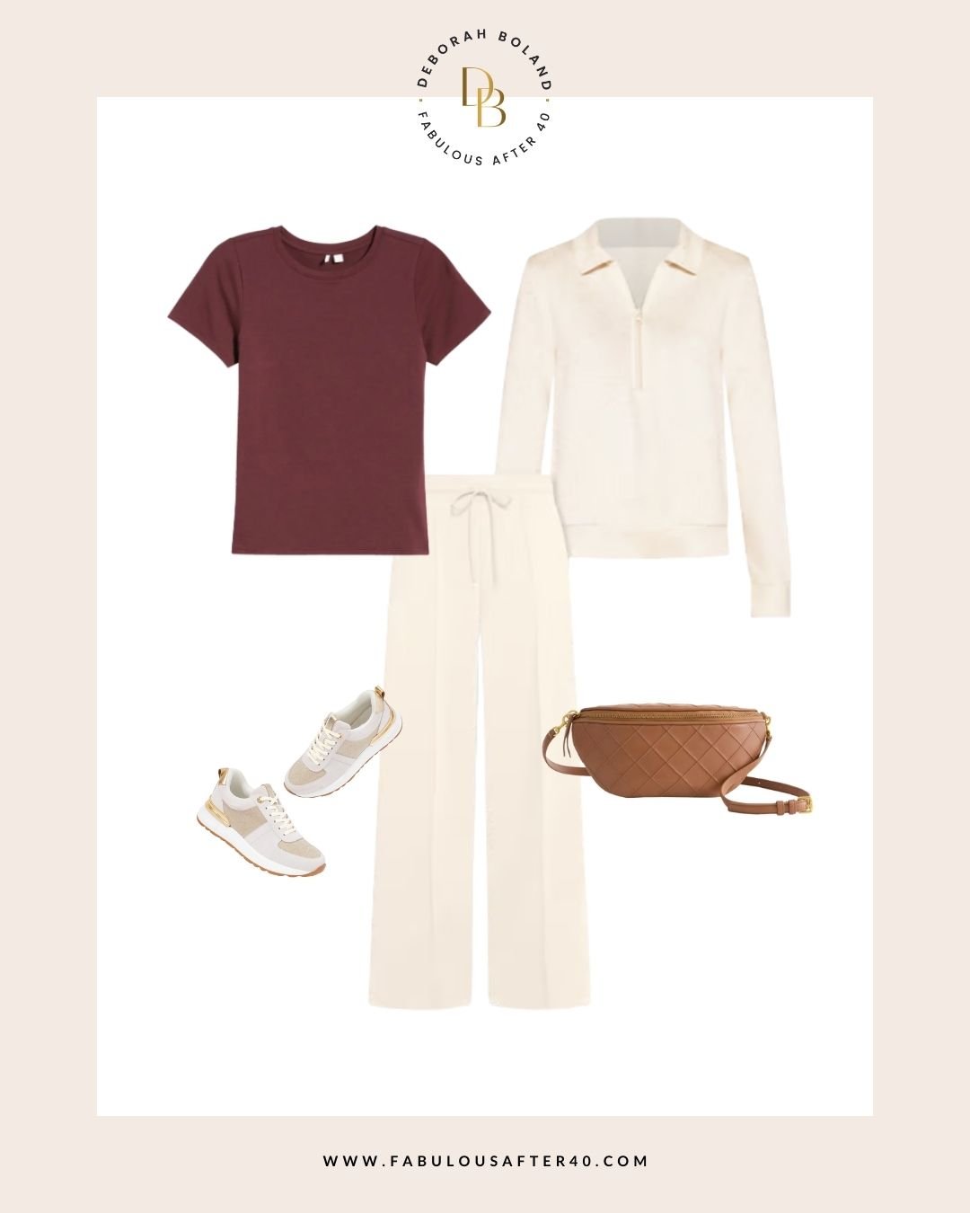 Outfit collage with a burgundy short-sleeve tee, cream zip-neck pullover, cream wide-leg pants, neutral sneakers, and a tan quilted belt bag styled as a layered, comfortable flying outfit.