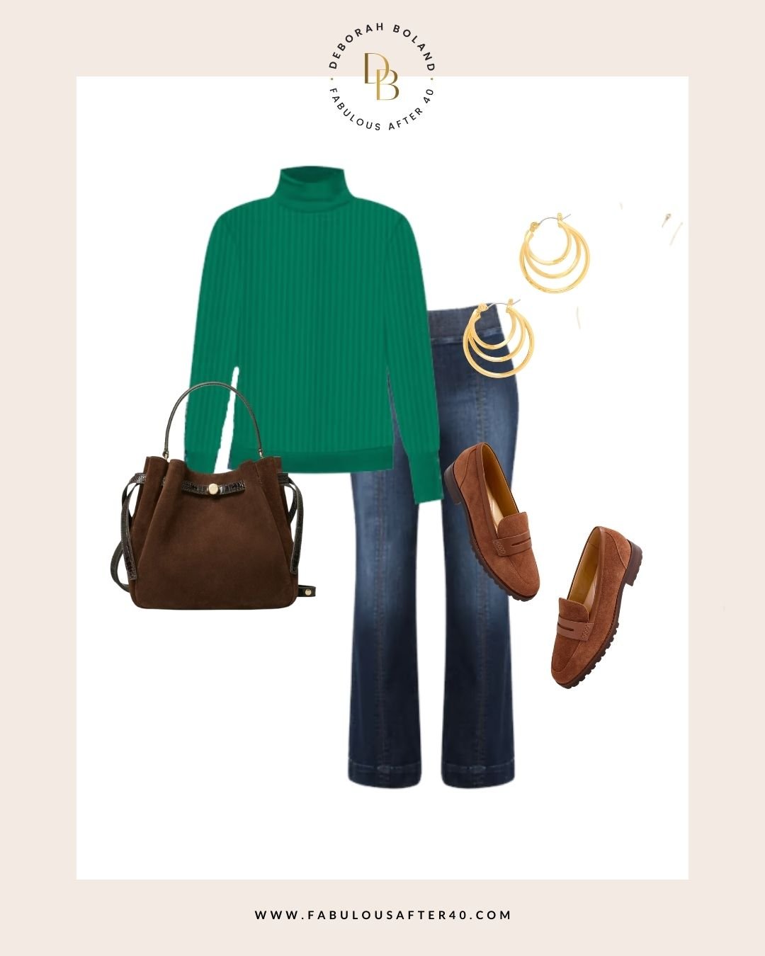 Outfit collage with a green ribbed turtleneck sweater, dark-wash travel jeans from Talbots, brown suede loafers, a brown suede handbag, and gold hoop earrings styled for arriving travel-ready for an event.