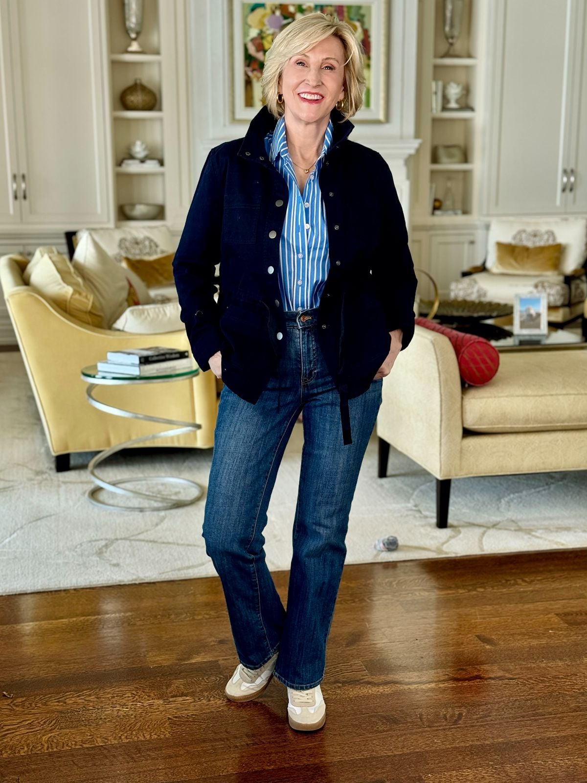 blue utility jacket, striped shirt
