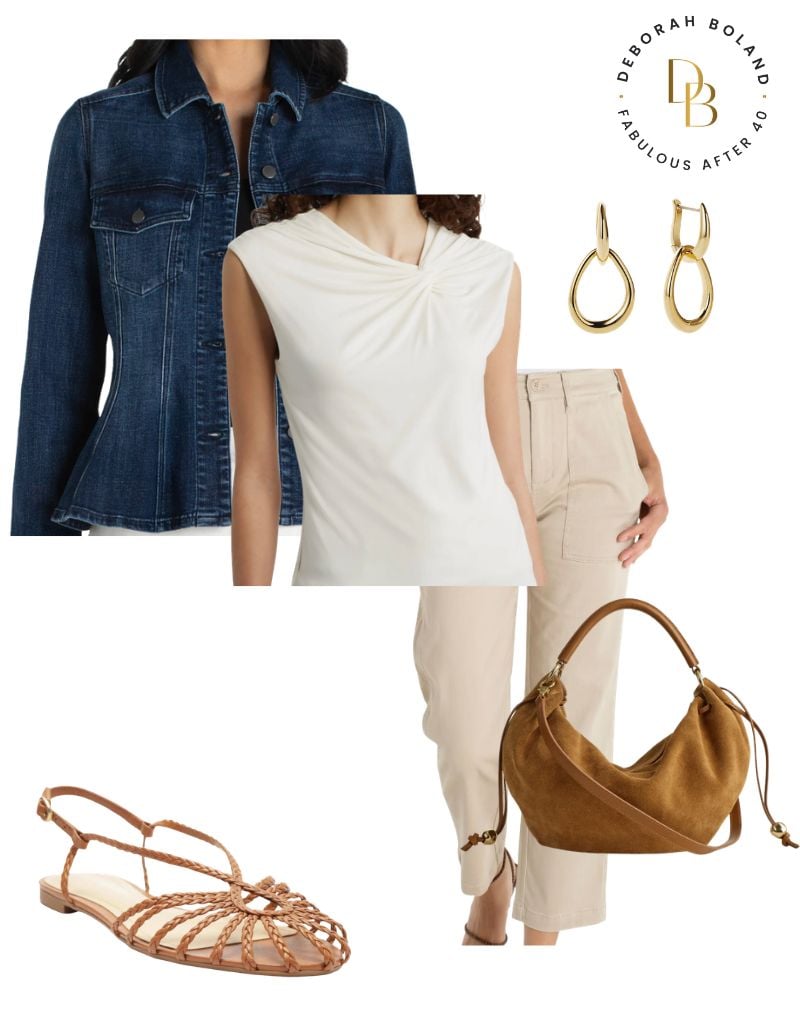 Spring cargo pants outfit with denim jacket, ivory top, woven sandals, and tan bag