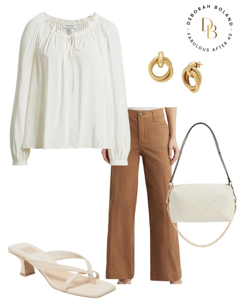 Caramel cargo pants outfit with white peasant blouse, neutral heeled sandals, and white shoulder bag