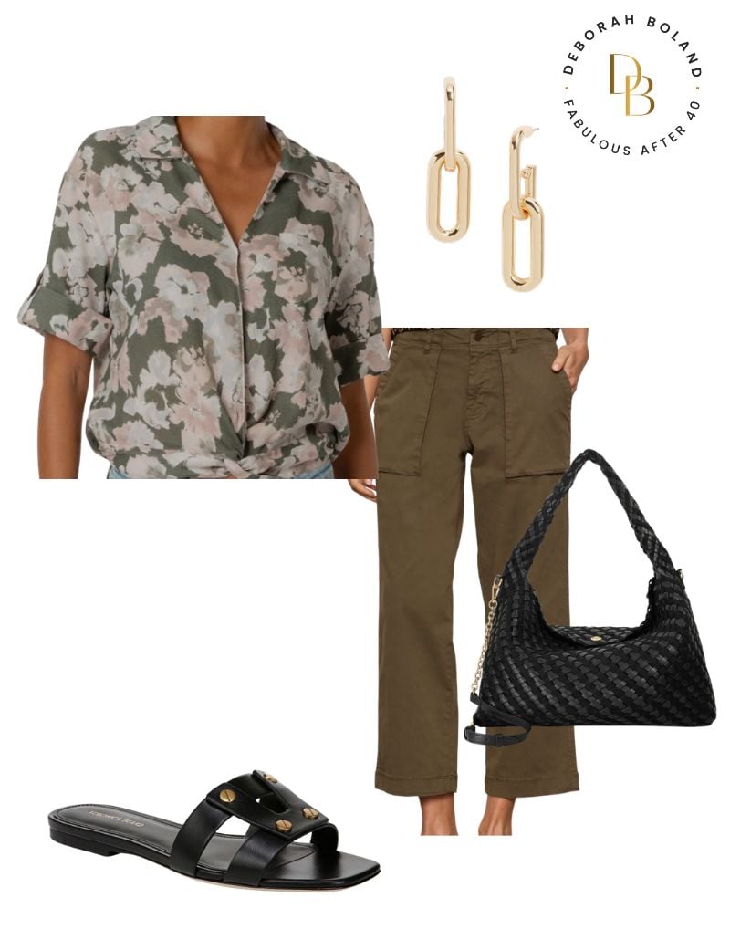 Olive cargo pants outfit with floral blouse, black slide sandals, and woven black bag