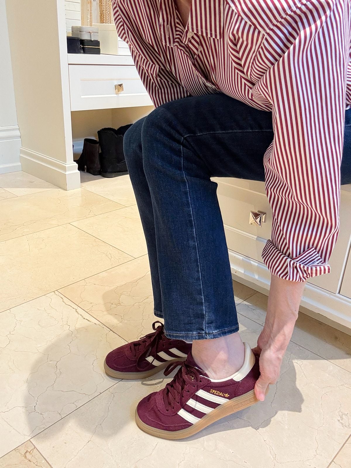 purple adias sneakers straight leg jeans