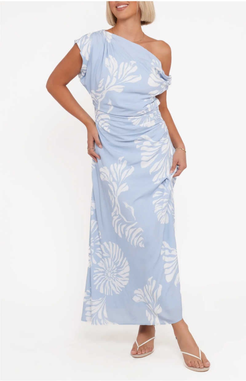 blue and white ruched dress