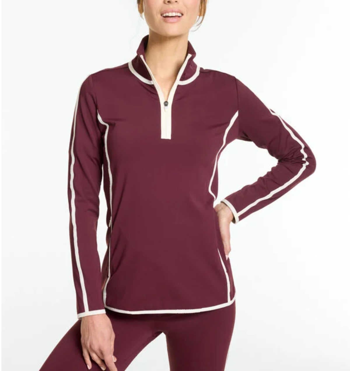 burgundy workout set with white piping