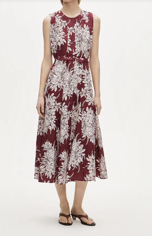 Seamed linen dress with removable belt in pineapple garden print