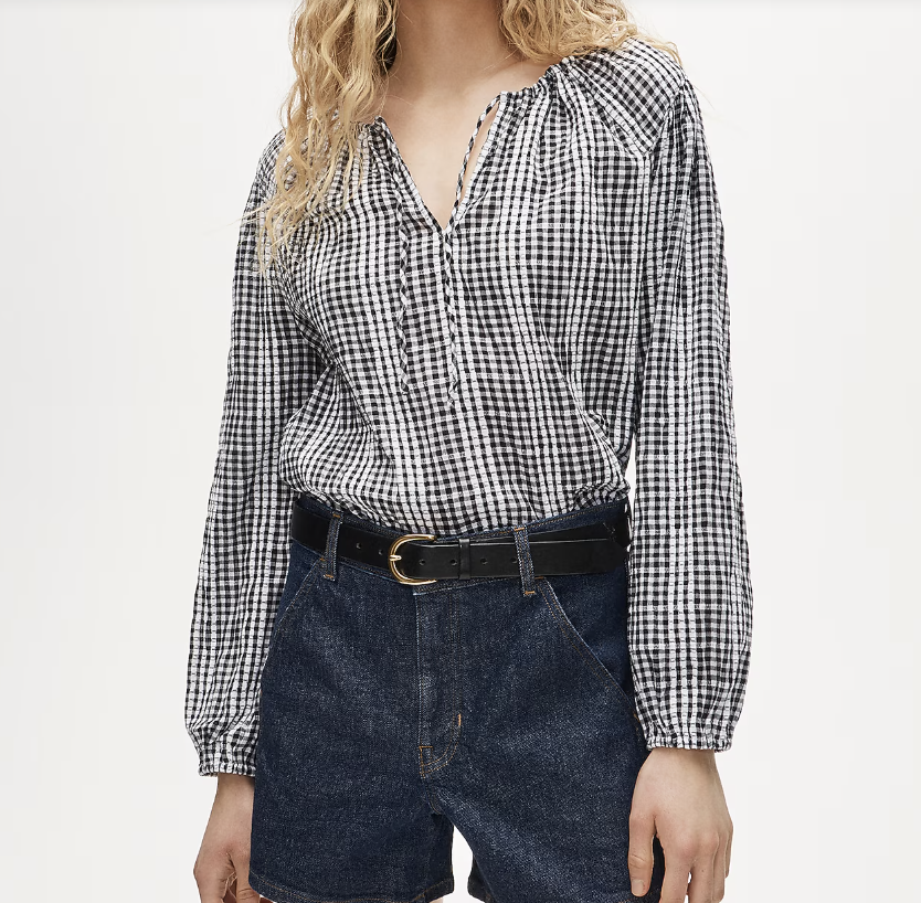 Tie-front popover top in gingham seersucker