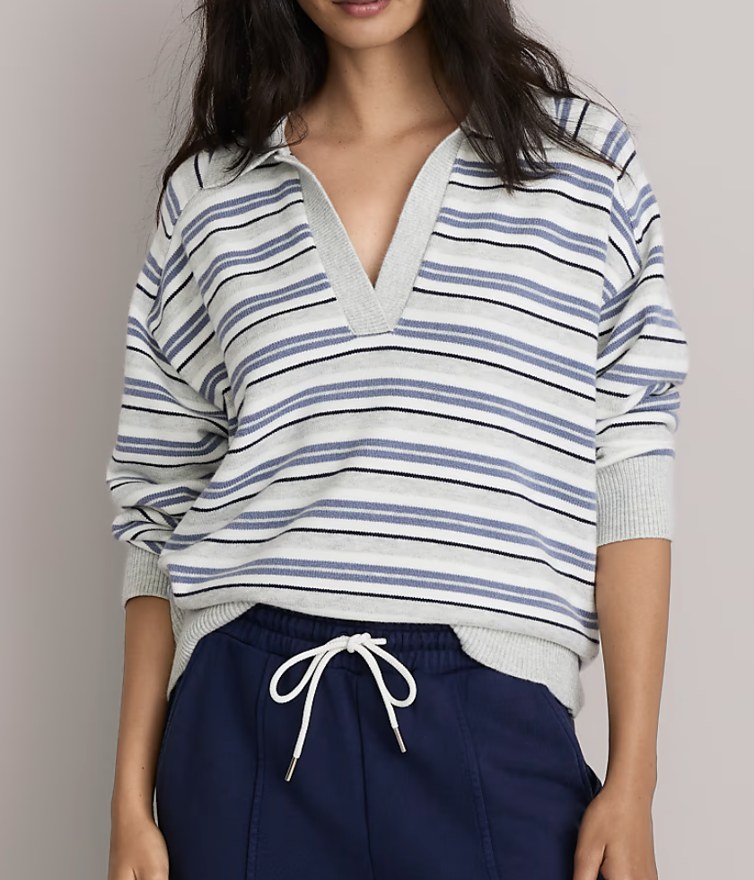 blue and white striped polo sweater