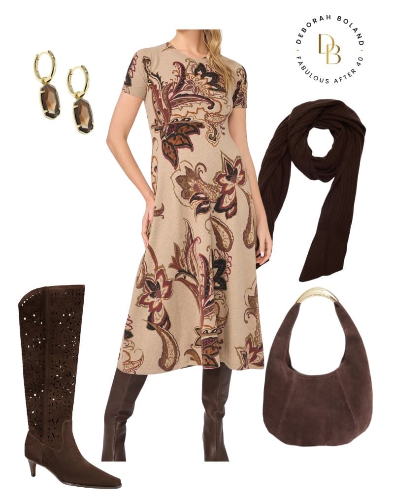 paisley knit sweaterdress outfit