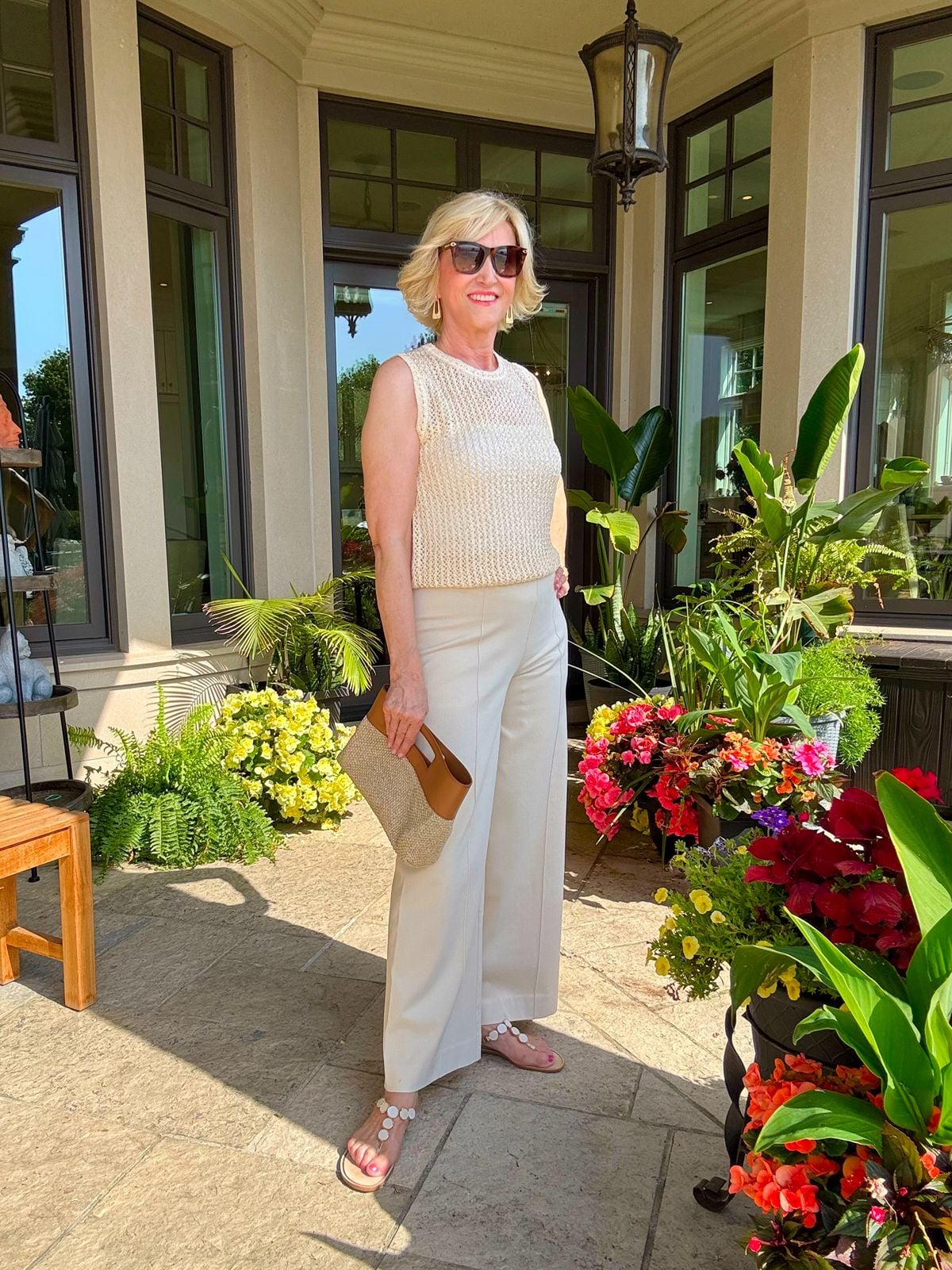 Deborah Boland of Fabulous After 40 wearing Lysse cream mesh tank and cream jeans