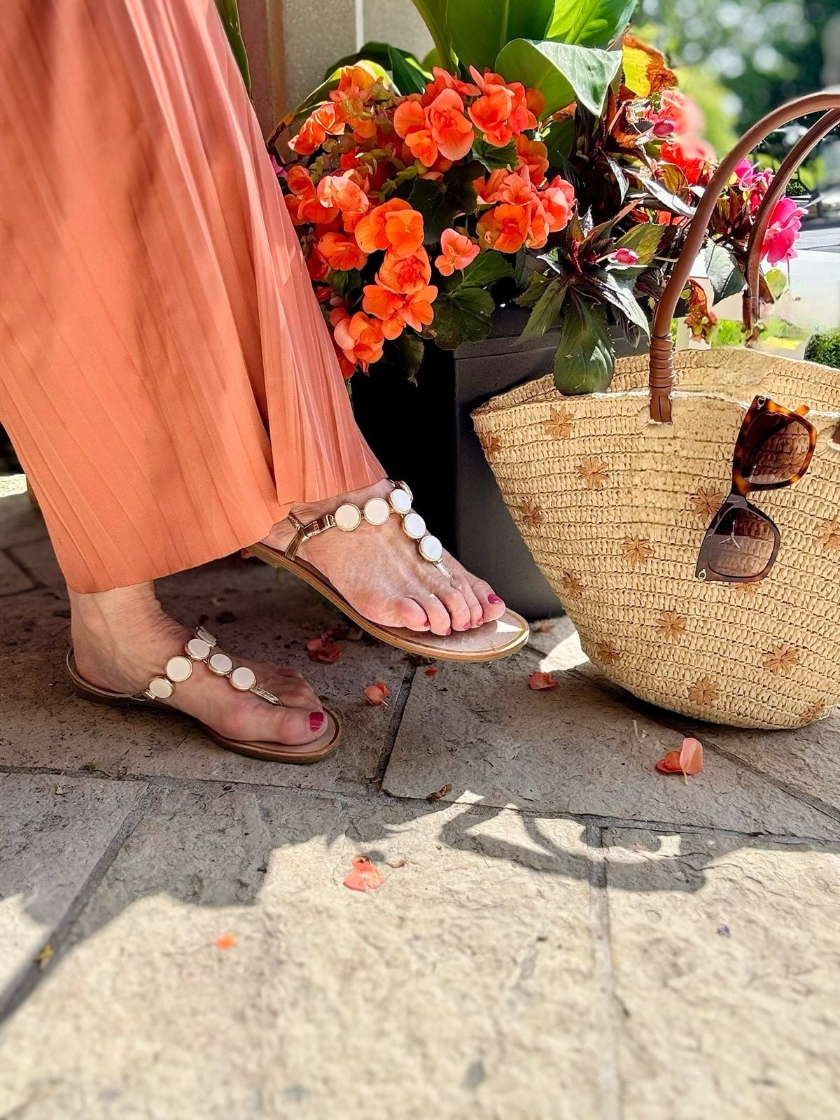 Summer Accessories -Embellished flat sandals, woven tote bag and Ralph Lauren Sunglasses