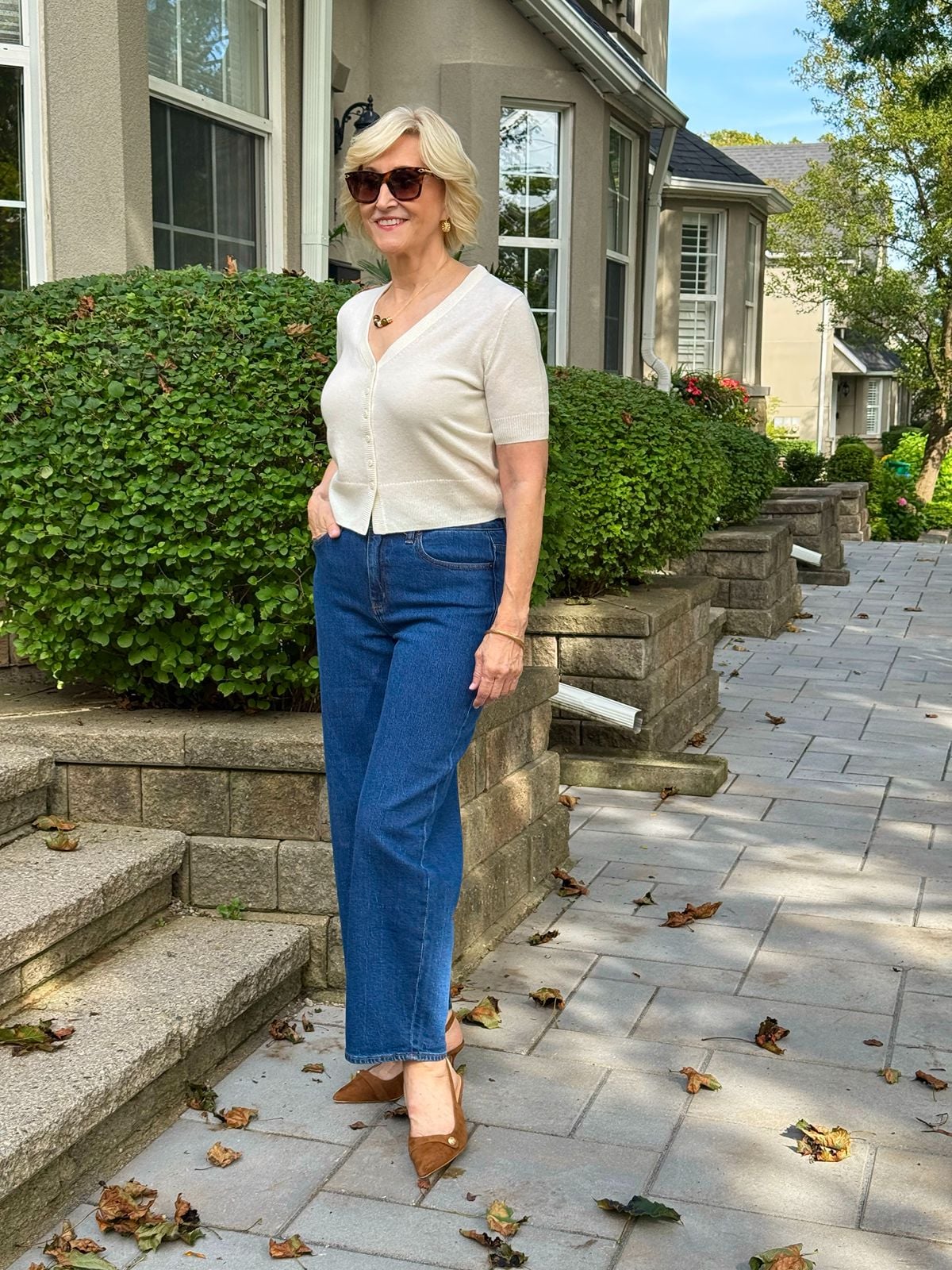 Deborah Boland wearing Quince Mongolian Cashmere Short Sleeve Cardigan