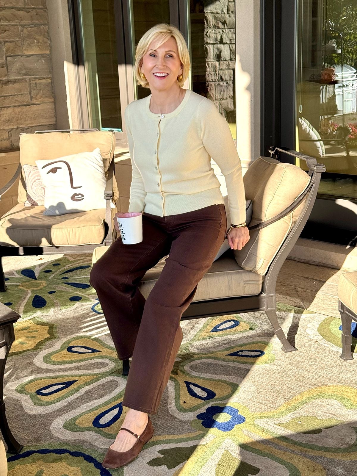 Deborah Boland wearing Quince Mongolian Cashmere Cardigan Sweater