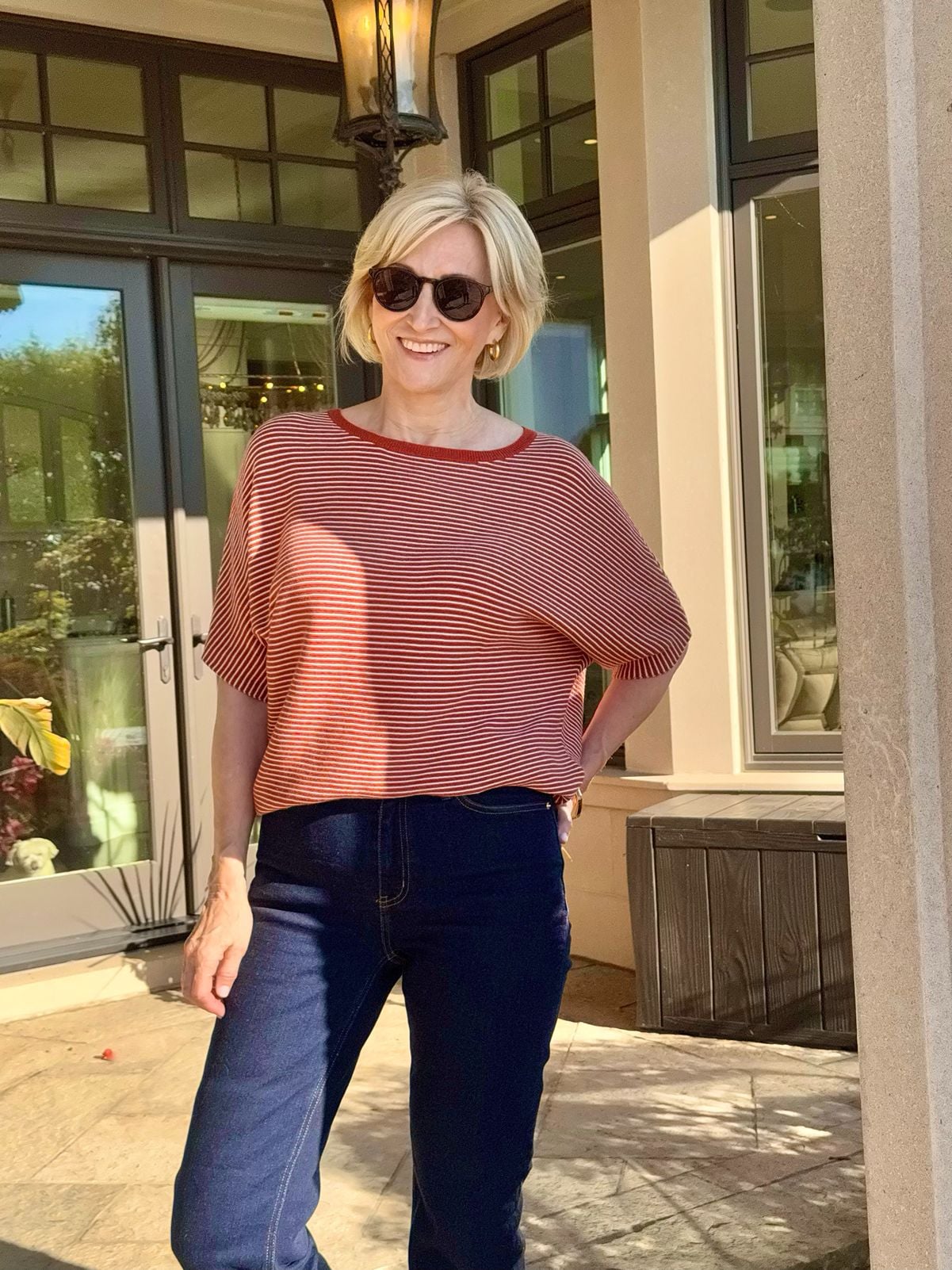 Deborah Boland wearing Quince Lightweight Cotton Cashmere Link-Stitch Dolman Sweater
