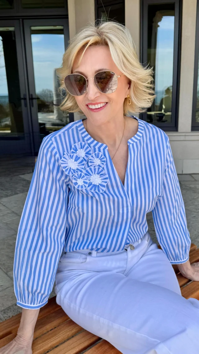 Some outfits just make getting dressed feel easy 🤍 

A classic long sleeve pin stripe top, my favorite wide flared jeans, and comfy slides is the kind of look I keep reaching for lately. Casual, effortless, and still put together enough for coffee runs, errands, or a relaxed lunch out. Honestly love those simple combinations that always work ✨
@talbotsofficial 

Comment SHOP below to receive a DM with the link to this post on my LTK ⬇ 
https://liketk.it/6c1Ip 

#over50style #over50andfabulous #over50fashion #over50women #talbots