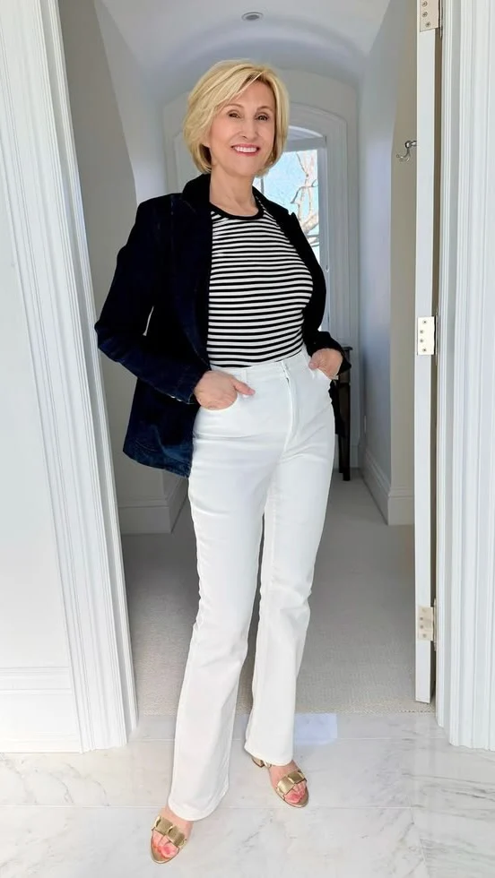 I always love a look that feels classic but still relaxed 💙 This outfit from @macys pairs a striped top with crisp white jeans and the cutest blue denim blazer with gold buttons that instantly pulls everything together. It’s polished without feeling too dressy and perfect for those days when you want to look effortlessly put together ✨ The gold slides were the finishing touch for me.

Comment SHOP below to receive a DM with the link to this post on my LTK ⬇ 
https://liketk.it/6c1Lf

#macys #macyspartner #over50andfabulous #over50style #over50women