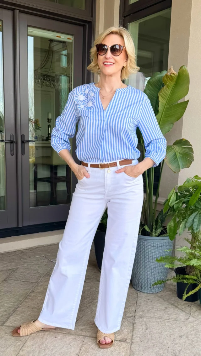 There’s something so effortlessly fresh about a classic blue stripe and crisp white trousers 🤍💙

This @talbotsofficial look feels like the perfect balance of polished and relaxed — the striped blouse keeps things light and timeless, while the white wide-leg pants add that clean, easy elegance I always gravitate toward. It’s the kind of outfit that works just as well for a lunch out as it does for a casual day where you still want to feel “put together.”

And can we talk about how good simple styling is here? Tucked in, a slim belt, and woven sandals — nothing overthought, just easy pieces doing what they do best.

Style tip I always come back to: when you’re wearing a crisp palette like blue and white, lean into natural textures (like raffia or leather) to keep everything feeling soft and grounded.

🛍️Comment SHOP below to receive a DM with the link to this post on my LTK ⬇ https://liketk.it/6eZmi

#talbots #over50style #over50andfabulous #over50women #over50fashion