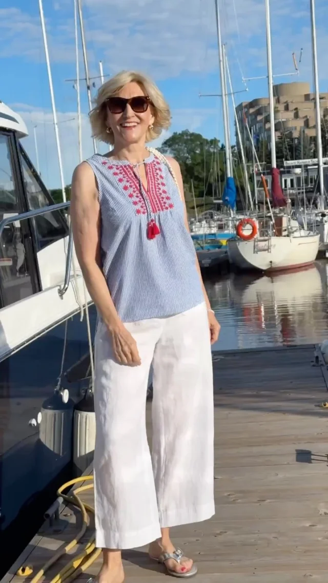 Easy summer style at its best! ☀️These breezy patch pocket linen pants from @talbotsofficial are the best! 🤗I love how light they are and how well they fit across my hips, then gently flare out! I‘ve paired them with this pretty, embroidered seersucker top, silver sandals, and a fabulous rope-woven tote for a chic nautical look that’s perfect for July 4th or my vacation. I can see wearing this outfit to lunch by the water, or when I’m running weekend errands. Love it! 🥰My pants are size 4, my top is a small.

🛍️Comment SHOP below to receive a DM with the link to this post on my LTK ⬇ https://liketk.it/6gDGR

#talbotsofficial #talbotspartner #over50style #over50andfabulous #over50women