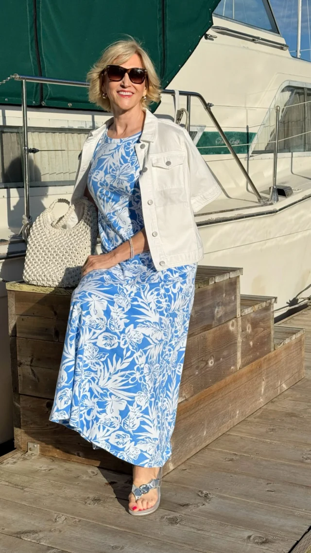A little blue, a little white, and a whole lot of effortless summer style 💙✨ This @talbotsofficial maxi dress is the perfect mix of pretty and comfortable, and I love how the white denim jacket adds a casual touch for those cooler moments. Finished off with silver sandals and a crochet bag for that easy, breezy feel 🤍

🛍️Comment SHOP below to receive a DM with the link to this post on my LTK ⬇ https://liketk.it/6iRKc 

#talbots #talbotsofficial #over50style #over50andfabulous #over50women