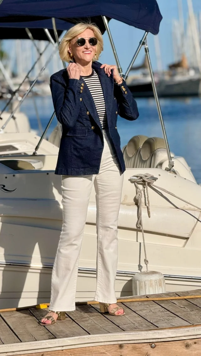 Classic pieces with a little modern twist ✨ This @macys look is all about effortless style — a timeless striped tee paired with a denim blazer, crisp white flared jeans, and gold block heels for that perfect touch of polish. I love an outfit that feels comfortable, chic, and ready for anything 🤍

🛍️Comment SHOP below to receive a DM with the link to this post on my LTK ⬇ https://liketk.it/6iRLx 

#macys #over50style #over50andfabulous #over50women #over50fashion